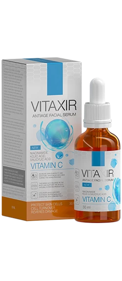 Vitaxir Siero Anti-Età: flacone elegante, ingredienti naturali per viso giovane.
